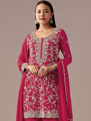 Red embroidered georgette semi-stitched palazzo style salwar suit 2
