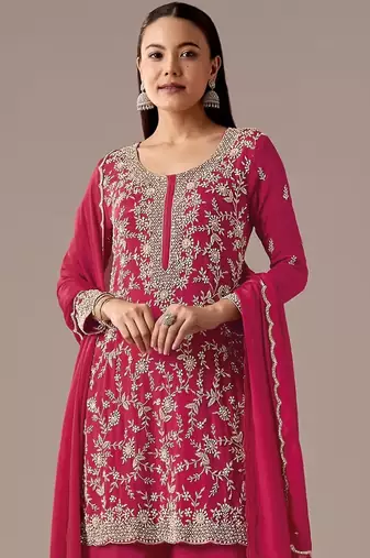 Red embroidered georgette semi-stitched palazzo style salwar suit