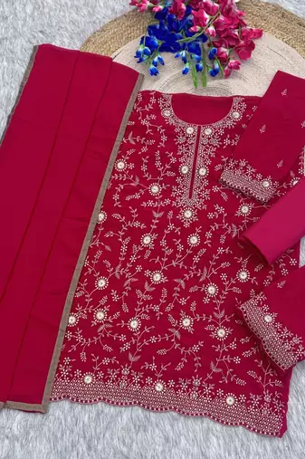 Red embroidered georgette semi-stitched palazzo style salwar suit