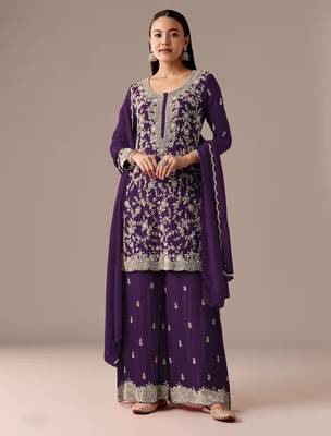 Purple embroidered georgette semi-stitched palazzo style salwar suit 1