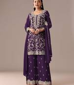Purple embroidered georgette semi-stitched palazzo style salwar suit