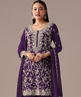Purple embroidered georgette semi-stitched palazzo style salwar suit 2