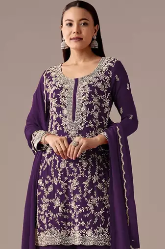Purple embroidered georgette semi-stitched palazzo style salwar suit