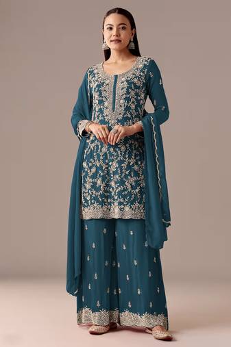 Teal blue embroidered georgette semi-stitched palazzo style salwar suit