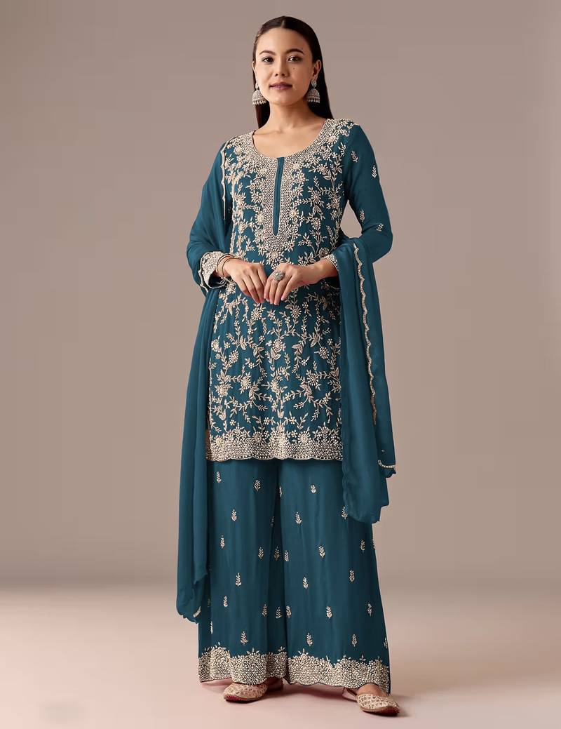 Teal blue embroidered georgette semi-stitched palazzo style salwar suit