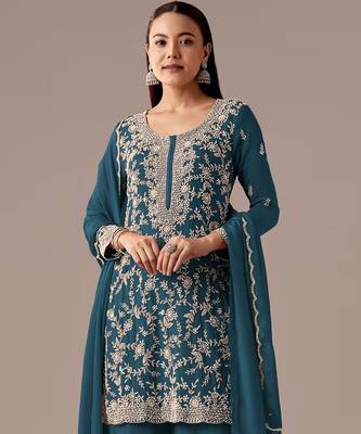 Teal blue embroidered georgette semi-stitched palazzo style salwar suit 2