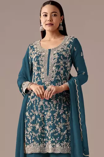 Teal blue embroidered georgette semi-stitched palazzo style salwar suit
