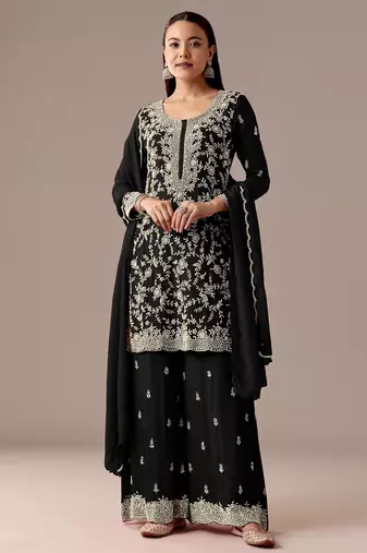 Black embroidered georgette semi-stitched palazzo style salwar suit