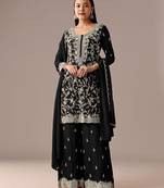 Black embroidered georgette semi-stitched palazzo style salwar suit