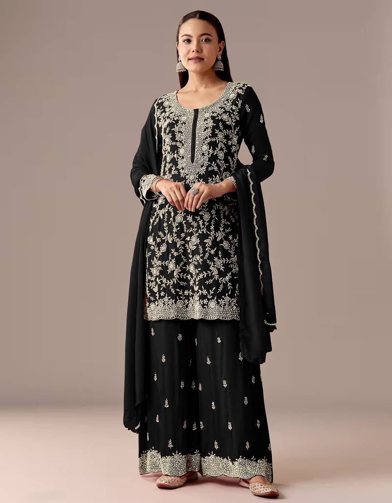 Black embroidered georgette semi-stitched palazzo style salwar suit