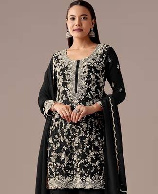 Black embroidered georgette semi-stitched palazzo style salwar suit 2