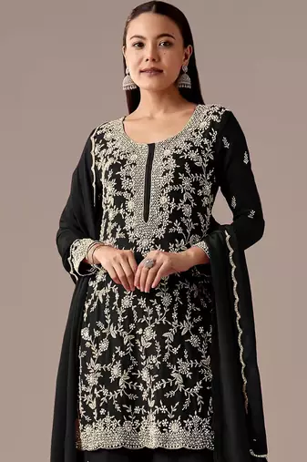 Black embroidered georgette semi-stitched palazzo style salwar suit