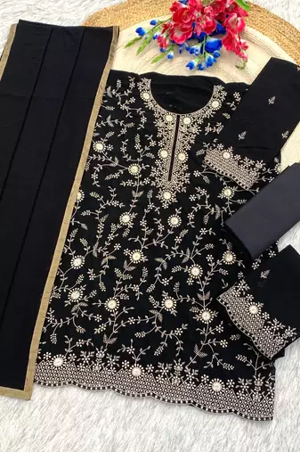 Black embroidered georgette semi-stitched palazzo style salwar suit