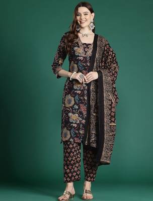 Floral Printed Sequinned Pure Cotton Kurta With Trousers & Dupatta 5