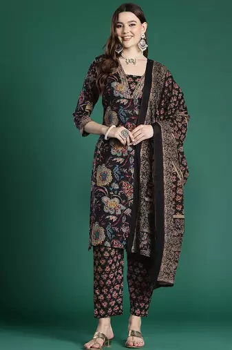 Floral Printed Sequinned Pure Cotton Kurta With Trousers & Dupatta