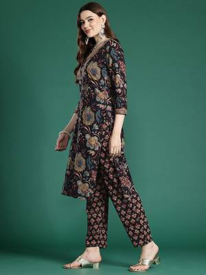 Floral Printed Sequinned Pure Cotton Kurta With Trousers & Dupatta 6