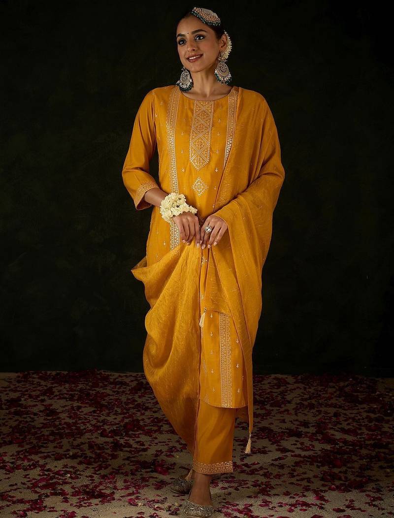 Women Ethnic Motifs Embroidered Regular Sequinned Kurta with Trousers & With Dupatta
