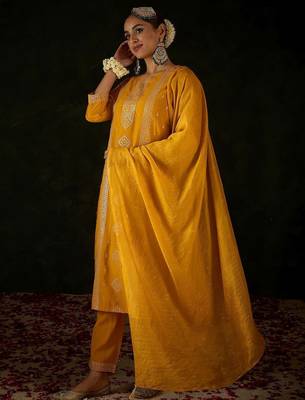 Women Ethnic Motifs Embroidered Regular Sequinned Kurta with Trousers & With Dupatta 4