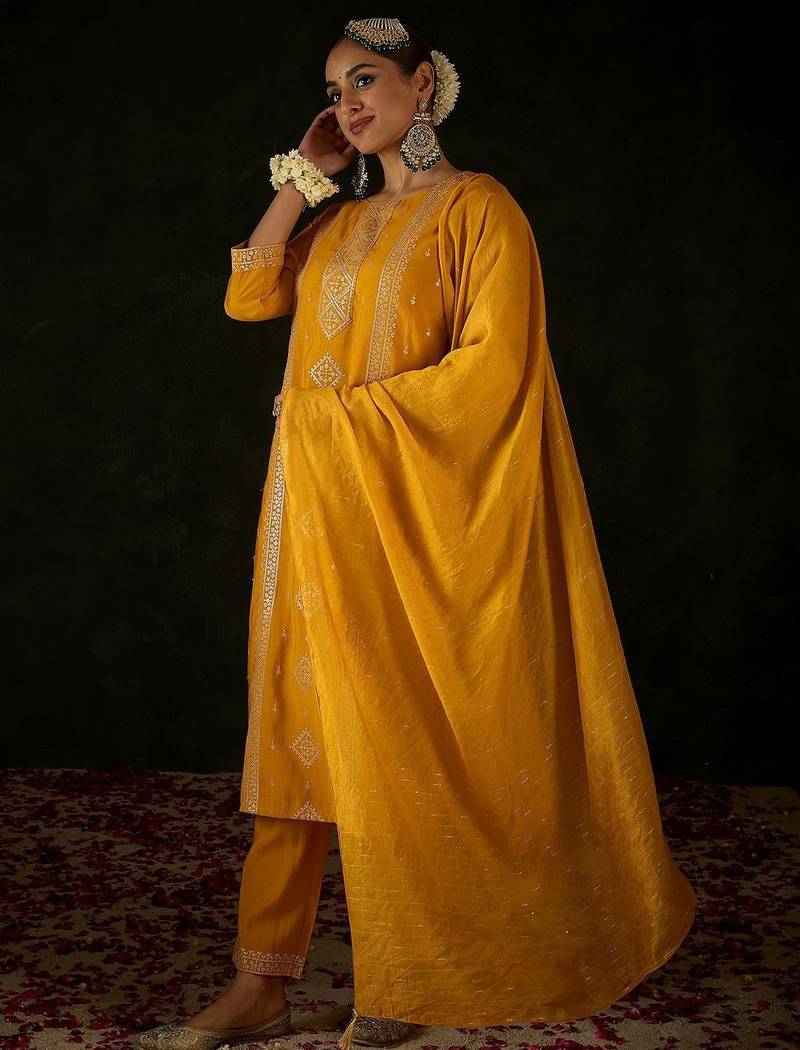 Women Ethnic Motifs Embroidered Regular Sequinned Kurta with Trousers & With Dupatta
