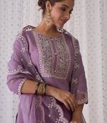 Floral Embroidered Round Neck Thread Work Kurta with Trousers & Dupatta