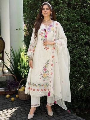 Women Floral Embroidered Regular Sequinned Pure Cotton Kurta with Trousers & With Dupatta 2