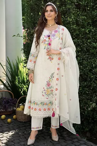 Women Floral Embroidered Regular Sequinned Pure Cotton Kurta with Trousers & With Dupatta