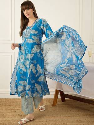 Women Floral Printed Regular Pure Cotton Kurta with Palazzos & With Dupatta 1