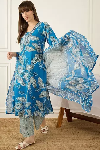 Women Floral Printed Regular Pure Cotton Kurta with Palazzos & With Dupatta