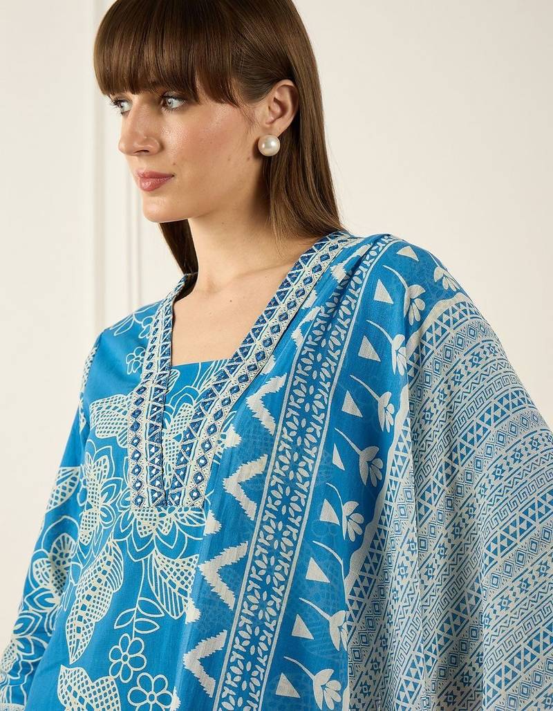 Women Floral Printed Regular Pure Cotton Kurta with Palazzos & With Dupatta