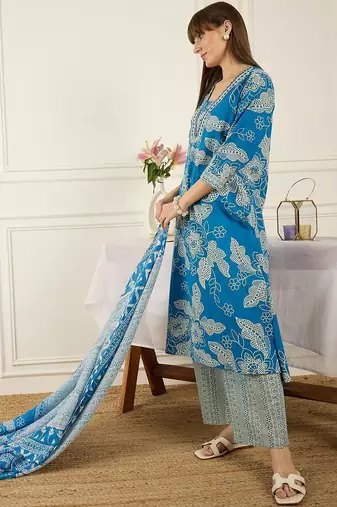 Women Floral Printed Regular Pure Cotton Kurta with Palazzos & With Dupatta