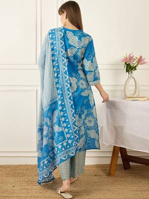 Women Floral Printed Regular Pure Cotton Kurta with Palazzos & With Dupatta 4