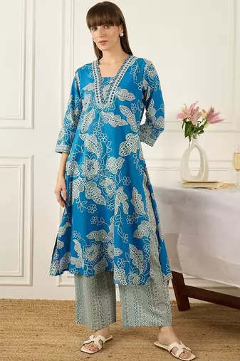 Women Floral Printed Regular Pure Cotton Kurta with Palazzos & With Dupatta