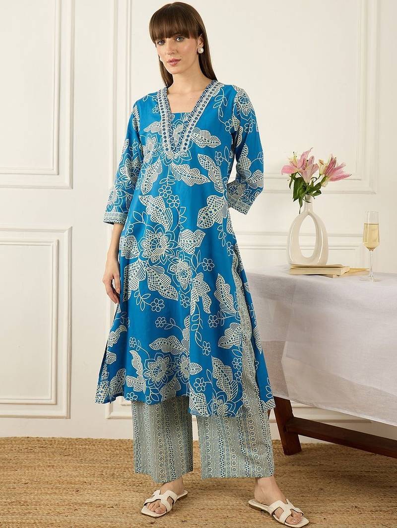 Women Floral Printed Regular Pure Cotton Kurta with Palazzos & With Dupatta