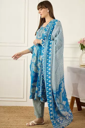 Women Floral Printed Regular Pure Cotton Kurta with Palazzos & With Dupatta