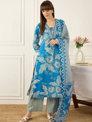 Women Floral Printed Regular Pure Cotton Kurta with Palazzos & With Dupatta 7