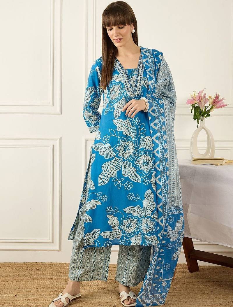 Women Floral Printed Regular Pure Cotton Kurta with Palazzos & With Dupatta