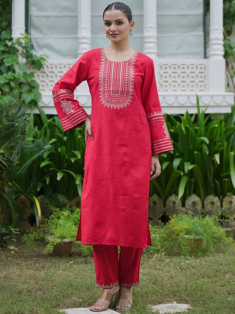 Women Ethnic Motifs Embroidered Regular Sequinned Kurta with Trousers