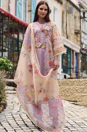 Floral Embroidered Beads and Stones Linen Kurta with Trousers & Dupatta