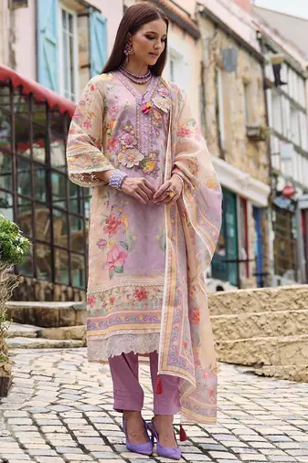 Floral Embroidered Beads and Stones Linen Kurta with Trousers & Dupatta