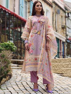 Floral Embroidered Beads and Stones Linen Kurta with Trousers & Dupatta 5
