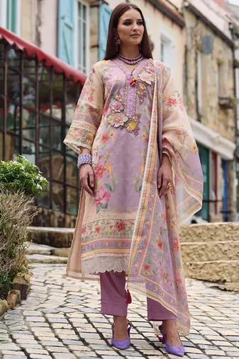 Floral Embroidered Beads and Stones Linen Kurta with Trousers & Dupatta