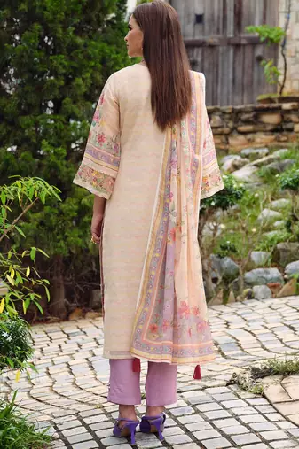 Floral Embroidered Beads and Stones Linen Kurta with Trousers & Dupatta