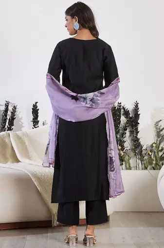 Floral Embroidered Yoke Design Round Neck Regular Kurta With Trouser & Dupatta