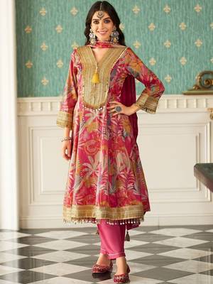 Floral Printed V-Neck Zari Anarkali Kurta & Trousers With Dupatta 1