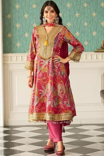 Floral Printed V-Neck Zari Anarkali Kurta & Trousers With Dupatta