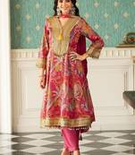 Floral Printed V-Neck Zari Anarkali Kurta & Trousers With Dupatta