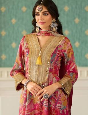 Floral Printed V-Neck Zari Anarkali Kurta & Trousers With Dupatta 2