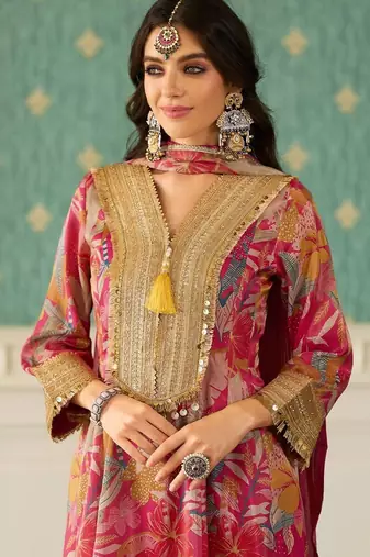 Floral Printed V-Neck Zari Anarkali Kurta & Trousers With Dupatta