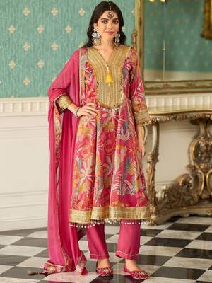 Floral Printed V-Neck Zari Anarkali Kurta & Trousers With Dupatta 3