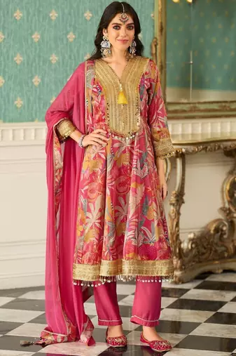 Floral Printed V-Neck Zari Anarkali Kurta & Trousers With Dupatta